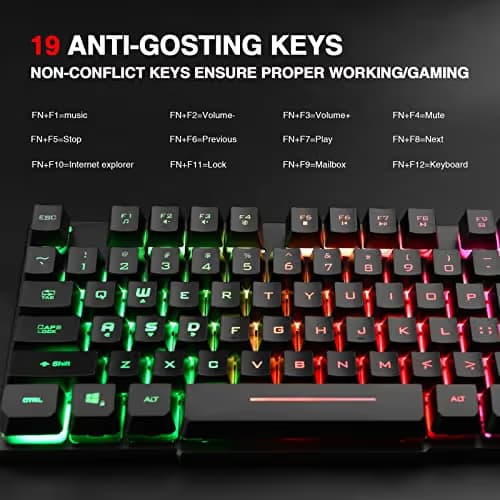 Rii RK100+ Multiple Color Rainbow LED Backlit Large Size usb Wired Mechanical Feeling Multimedia Gaming Keyboard For Working or Gaming,Office Device image