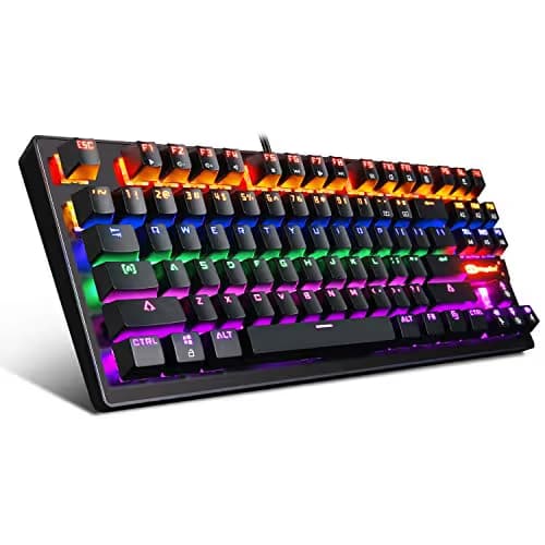 Mechanical Keyboard 87 Keys Small Compact Multicolour LED Backlit - MK1 Wired USB Gaming Keyboard with Blue Switches, 100% Anti-Ghosting, Metal Construction, Water Resistant for Windows PC Laptop Game image