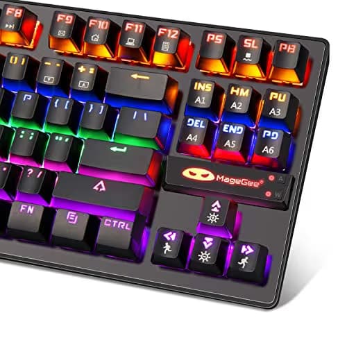 Mechanical Keyboard 87 Keys Small Compact Multicolour LED Backlit - MK1 Wired USB Gaming Keyboard with Blue Switches, 100% Anti-Ghosting, Metal Construction, Water Resistant for Windows PC Laptop Game image