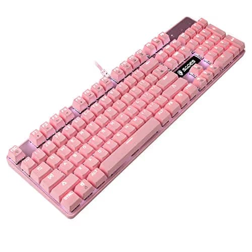 SUPSOO Mechanical Keyboard, USB Wired & Metal Panel, Compact 104 Key Computer Keyboard with Blue Switch and 12 Multimedia Keys for Windows PC Office Gamers, Pink White LED Backlit main image