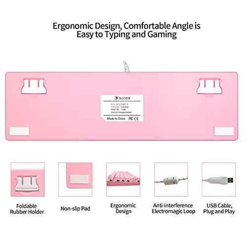 SUPSOO Mechanical Keyboard, USB Wired & Metal Panel, Compact 104 Key Computer Keyboard with Blue Switch and 12 Multimedia Keys for Windows PC Office Gamers, Pink White LED Backlit image