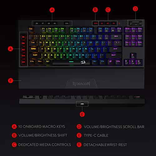 Redragon K596 Vishnu 2.4G Wireless/Wired RGB Mechanical Gaming Keyboard, 87 Keys TKL Compact Keyboard with 2400 mAh Battery, 10 Onboard Macro Keys & Wrist Rest, 10H Play Time, Red Switches image