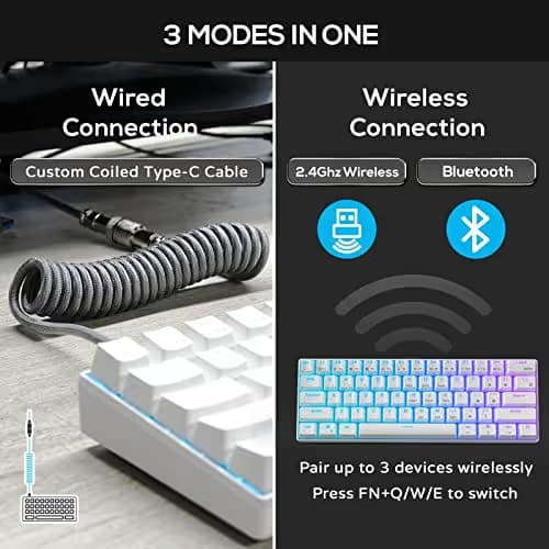 RK61 60% RGB Mechanical Gaming Keyboard Small Compact 61 Keys, Wired/Wireless Bluetooth Mini Portable Keyboard Gaming/Office for iOS Android Windows and Mac with Programmer Brown Switch - White image
