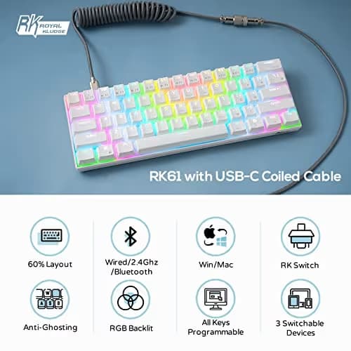 RK61 60% RGB Mechanical Gaming Keyboard Small Compact 61 Keys, Wired/Wireless Bluetooth Mini Portable Keyboard Gaming/Office for iOS Android Windows and Mac with Programmer Brown Switch - White image