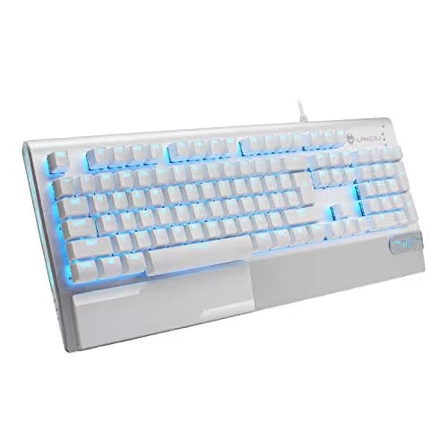Mechanical Gaming Keyboard, LANGTU All-Metal Panel USB Wired Computer Keyboard with Wrist Rest, LED Backlit Keyboard Blue Switch 104 Keys for Windows PC Gamers - X1000 Silver/White image