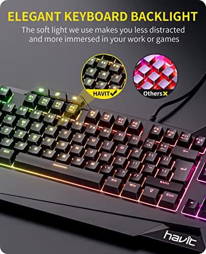 Havit Keyboard Rainbow Backlit Wired Gaming Keyboard Mouse Combo, LED 104 Keys USB Ergonomic Wrist Rest Keyboard, 3200DPI 6 Button Mouse for Windows PC Gamer Desktop, Computer (Black) image