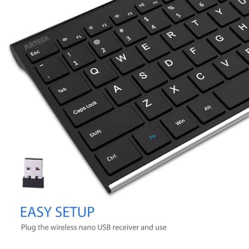 Arteck 2.4G Wireless Keyboard Stainless Steel Ultra Slim Full Size Keyboard with Numeric Keypad for Computer/Desktop/PC/Laptop/Surface/Smart TV and Windows 10/8/ 7 Built in Rechargeable Battery image