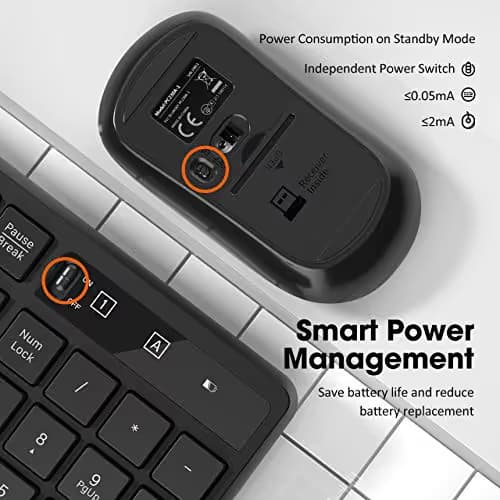 VicTsing Keyboard and Mouse Combo[Energy Saving], 2.4G Wireless Keyboard and Mouse, Full Size Wireless Keyboard, Slim DPI Adjustable Mouse, Independent On/Off Switch, Num/Caps/Power Indicator, Black image