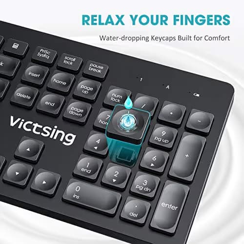 VicTsing [Whisper Quiet] Wireless Keyboard and Mouse Combo, 2.4G Full Size Keyboard and Mouse, Num/Caps/Power Indicator, USB Unifying Receiver, for Office & Home, for PC Laptop Windows Mac iMac,Black image
