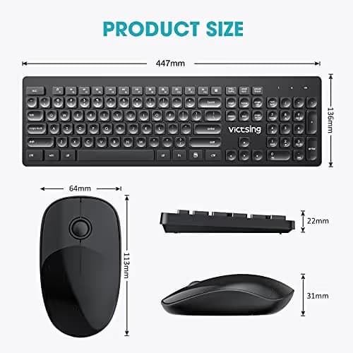 VicTsing [Whisper Quiet] Wireless Keyboard and Mouse Combo, 2.4G Full Size Keyboard and Mouse, Num/Caps/Power Indicator, USB Unifying Receiver, for Office & Home, for PC Laptop Windows Mac iMac,Black image