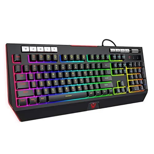 PICTEK RGB Gaming Keyboard 【Upgraded】 with Phone Holder, Volume Wheel, Customizable RGB Backlit Wired Keyboard, 9 Independent Multimedia Keys, Computer Keyboard for Mac/PC Gamers, Sega Saturn Games main image