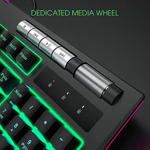 PICTEK RGB Gaming Keyboard 【Upgraded】 with Phone Holder, Volume Wheel, Customizable RGB Backlit Wired Keyboard, 9 Independent Multimedia Keys, Computer Keyboard for Mac/PC Gamers, Sega Saturn Games image