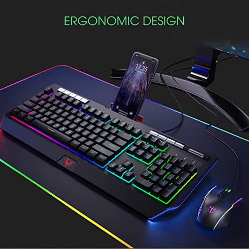 PICTEK RGB Gaming Keyboard 【Upgraded】 with Phone Holder, Volume Wheel, Customizable RGB Backlit Wired Keyboard, 9 Independent Multimedia Keys, Computer Keyboard for Mac/PC Gamers, Sega Saturn Games image