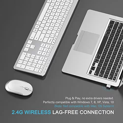 Wireless Keyboard and Mouse Combo - Full Size Slim Thin Wireless Keyboard Mouse with Numeric Keypad with On/Off Switch on Both Keyboard and Mouse - White & Silver image