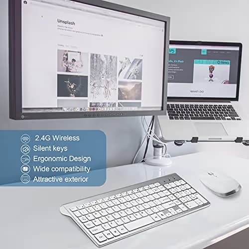 Wireless Keyboard and Mouse, FENIFOX USB Full Size Quiet Compact Compatible with iMac Mac PC Laptop Tablet Computer Windows (Silver White) image