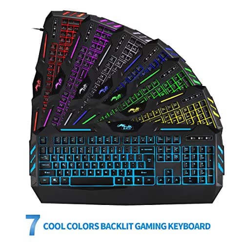 BAKTH 7 Colors LED Backlit Gaming Keyboard, Mechanical Feeling and Waterproof, Illuminated USB Wired Keyboard for Pro PC Gamer or Office image