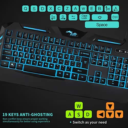 BAKTH 7 Colors LED Backlit Gaming Keyboard, Mechanical Feeling and Waterproof, Illuminated USB Wired Keyboard for Pro PC Gamer or Office image