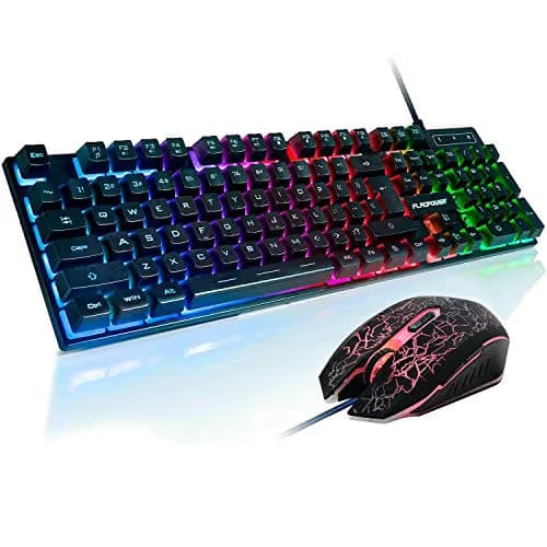 FLAGPOWER Gaming Keyboard and Mouse Combo, Rainbow Backlit Mechanical Feeling Keyboard with 4 Colors Breathing LED Backlight Mouse for PC, Laptop, Computer main image