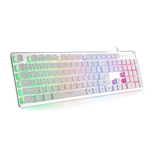 LANGTU Membrane Gaming Keyboard, Rainbow LED Backlit Quiet Keyboard for Office, USB Wired All-Metal Panel 25 Keys Anti-ghosting Computer Keyboard 104 Keys - L1 White/Silver image