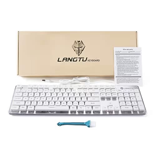 LANGTU Membrane Gaming Keyboard, Rainbow LED Backlit Quiet Keyboard for Office, USB Wired All-Metal Panel 25 Keys Anti-ghosting Computer Keyboard 104 Keys - L1 White/Silver image