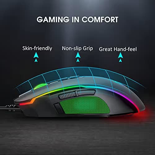 PICTEK Gaming Mouse Wired, 8 Programmable Buttons, Chroma RGB Backlit, 7200 DPI Adjustable, Comfortable Grip Ergonomic Optical PC Computer Gaming Mice with Fire Button, Black (Upgraded Version) image