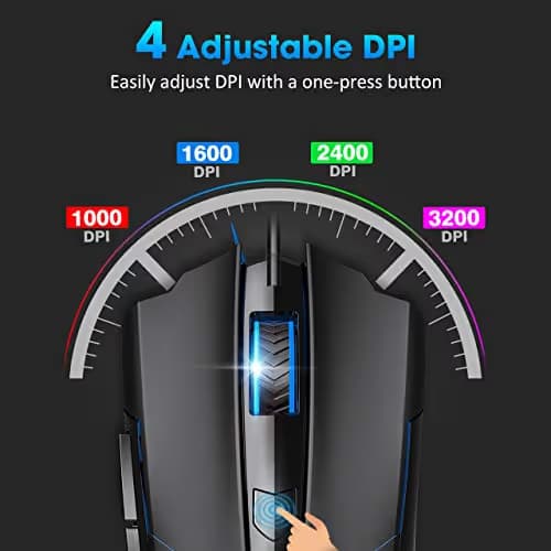 PICTEK Gaming Mouse, Entry-level Ergonomic Optical Computer Mouse for Game & Daily, 800-2400 DPI Adjustable USB Mouse Auto Breathing Wired Mouse for PC Desktop Windows 7/8/10/XP, Vista and Mac, Black image