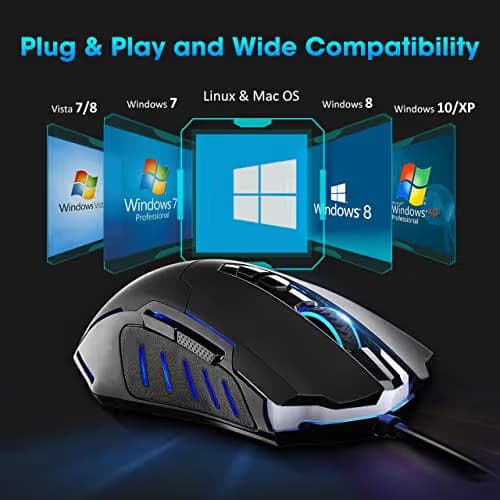 PICTEK Gaming Mouse, Entry-level Ergonomic Optical Computer Mouse for Game & Daily, 800-2400 DPI Adjustable USB Mouse Auto Breathing Wired Mouse for PC Desktop Windows 7/8/10/XP, Vista and Mac, Black image