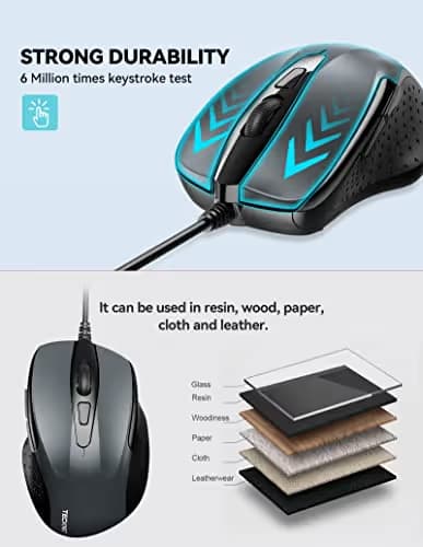 TECKNET 6-Button USB Wired Mouse with Side Buttons, Optical Computer Mouse with 1000/2000DPI, Ergonomic Design, 5ft Cord, Support Laptop Chromebook PC Desktop Mac Notebook-Grey image
