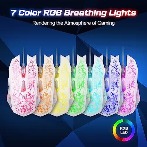 VersionTECH. Wired Gaming Mouse, Ergonomic USB Optical Mouse Mice with Chroma RGB Backlit, 1200 to 3600 DPI for Laptop PC Computer Games & Work -White image