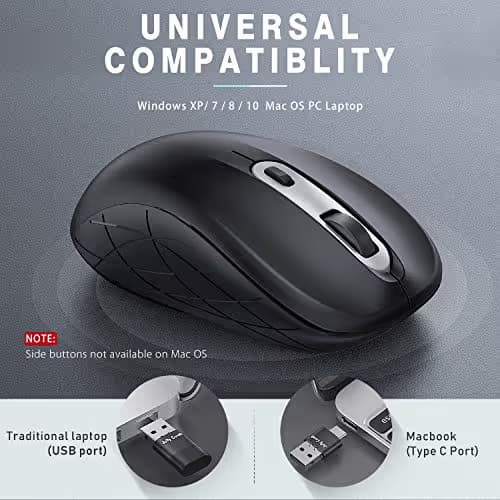 Wireless Mouse Jelly Comb Optical Mouse 2.4G Type-C with Adjustable DPI 1000/1600/2400 Level USB Mouse 6 Buttons with Nano Receiver for Laptop,PC,Desktop,Windows,MAC OS (Black and Sliver) image