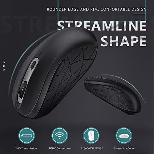 Wireless Mouse Jelly Comb Optical Mouse 2.4G Type-C with Adjustable DPI 1000/1600/2400 Level USB Mouse 6 Buttons with Nano Receiver for Laptop,PC,Desktop,Windows,MAC OS (Black and Sliver) image