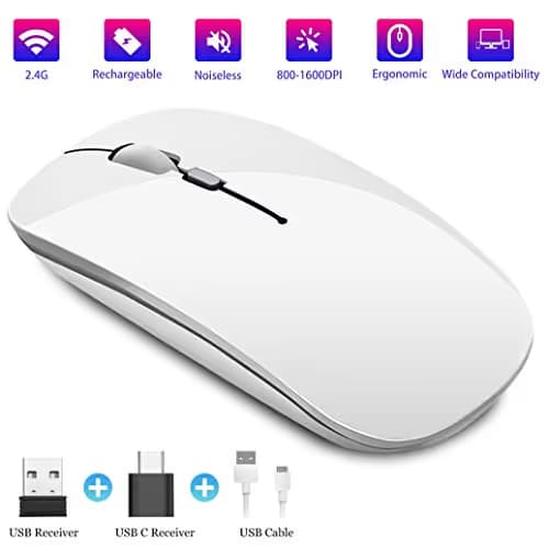 CALOCAA Wireless Mouse for Laptops Rechargeable 2.4Ghz Wireless Mini Mouse Level 3 Adjustable DPI Optical Mute Ultra Thin Computer Mouse with USB Receiver and C-Type Adapter (White) main image