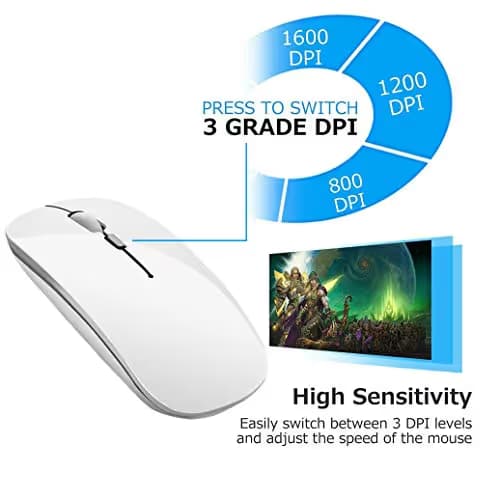CALOCAA Wireless Mouse for Laptops Rechargeable 2.4Ghz Wireless Mini Mouse Level 3 Adjustable DPI Optical Mute Ultra Thin Computer Mouse with USB Receiver and C-Type Adapter (White) image