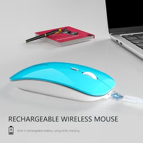 Picktech Q5 Slim Rechargeable Wireless Mouse, 2.4G Portable Optical Silent Ultra Thin Wireless Computer Mouse with USB Receiver and Type C Adapter, Compatible with PC, Laptop, Desktop (Blue) image