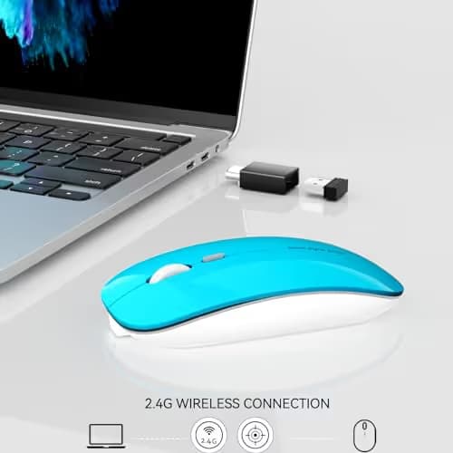 Picktech Q5 Slim Rechargeable Wireless Mouse, 2.4G Portable Optical Silent Ultra Thin Wireless Computer Mouse with USB Receiver and Type C Adapter, Compatible with PC, Laptop, Desktop (Blue) image