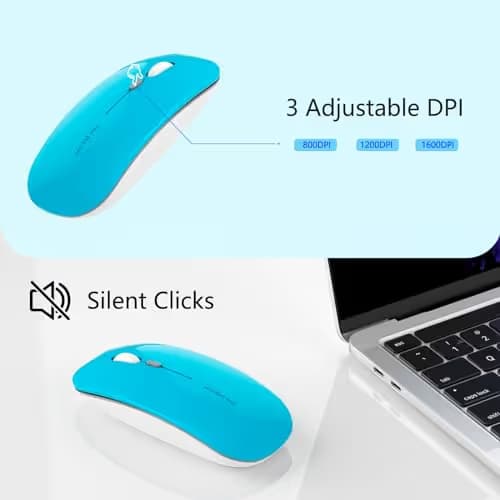 Picktech Q5 Slim Rechargeable Wireless Mouse, 2.4G Portable Optical Silent Ultra Thin Wireless Computer Mouse with USB Receiver and Type C Adapter, Compatible with PC, Laptop, Desktop (Blue) image