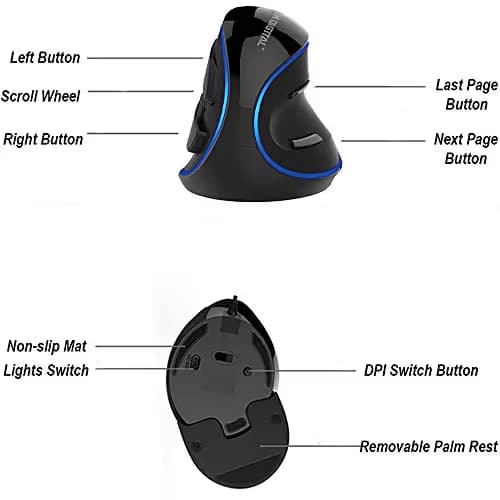 J-Tech Digital Wired Ergonomic Vertical USB Mouse with Adjustable Sensitivity (600/1000/1600 DPI), Scroll Endurance, Removable Palm Rest & Thumb Buttons [V628] image
