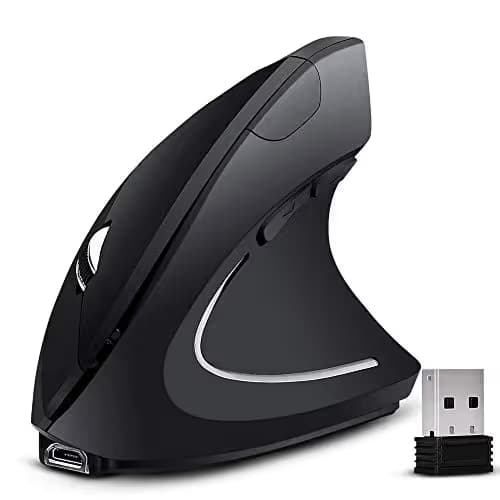Vertical Wireless Mouse Rechargeable Ergonomic Mouse 2.4GHz Vertical Optical Mouse, Adjustable DPI 800/1200 /1600, 6 Buttons, Provides Better Performance for PC, Desktop, Laptop and MacBook, Black image
