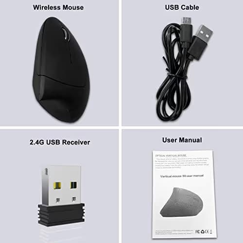 Vertical Wireless Mouse Rechargeable Ergonomic Mouse 2.4GHz Vertical Optical Mouse, Adjustable DPI 800/1200 /1600, 6 Buttons, Provides Better Performance for PC, Desktop, Laptop and MacBook, Black image