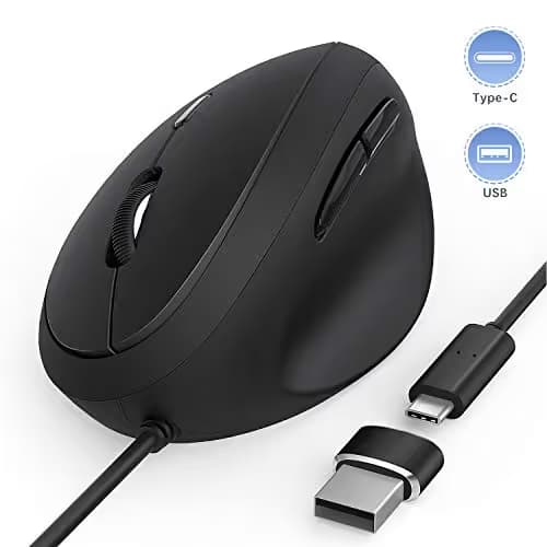 Wired Ergonomic Vertical USB Mouse with Adjustable Sensitivity (800/1200/1600 DPI), USB or Type C Connection, Scroll Endurance, Thumb Buttons, USB C to USB adapter included image