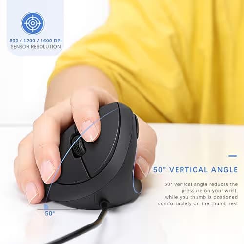 Wired Ergonomic Vertical USB Mouse with Adjustable Sensitivity (800/1200/1600 DPI), USB or Type C Connection, Scroll Endurance, Thumb Buttons, USB C to USB adapter included image