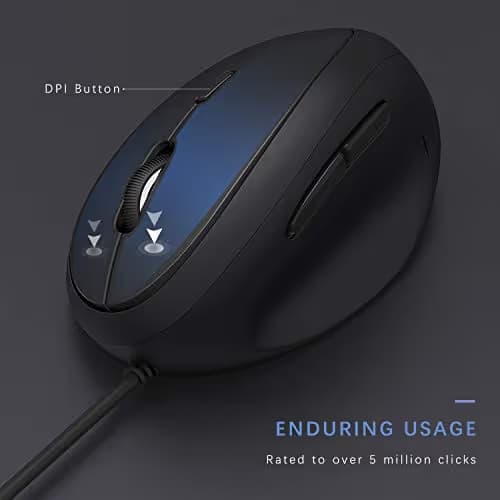 Wired Ergonomic Vertical USB Mouse with Adjustable Sensitivity (800/1200/1600 DPI), USB or Type C Connection, Scroll Endurance, Thumb Buttons, USB C to USB adapter included image