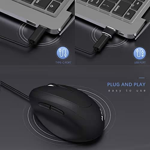Wired Ergonomic Vertical USB Mouse with Adjustable Sensitivity (800/1200/1600 DPI), USB or Type C Connection, Scroll Endurance, Thumb Buttons, USB C to USB adapter included image