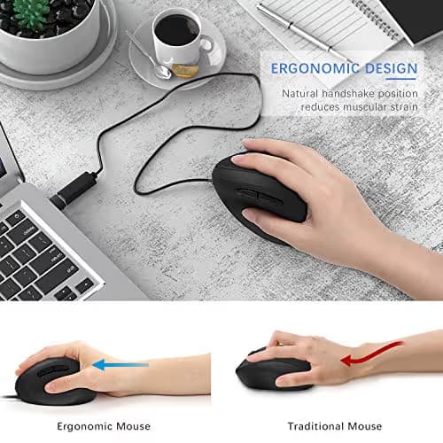 Wired Ergonomic Vertical USB Mouse with Adjustable Sensitivity (800/1200/1600 DPI), USB or Type C Connection, Scroll Endurance, Thumb Buttons, USB C to USB adapter included image