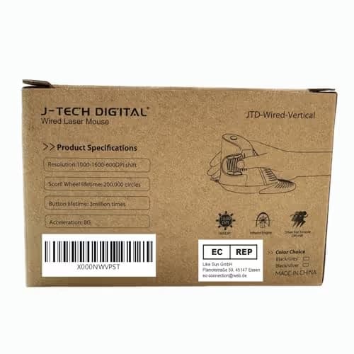 J-Tech Digital Scroll Endurance Wired Mouse Ergonomic Vertical USB Mouse with Adjustable Sensitivity (600/1000/1600 DPI), Removable Palm Rest & Thumb Buttons - Reduces Hand/Wrist Pain (Wired) image