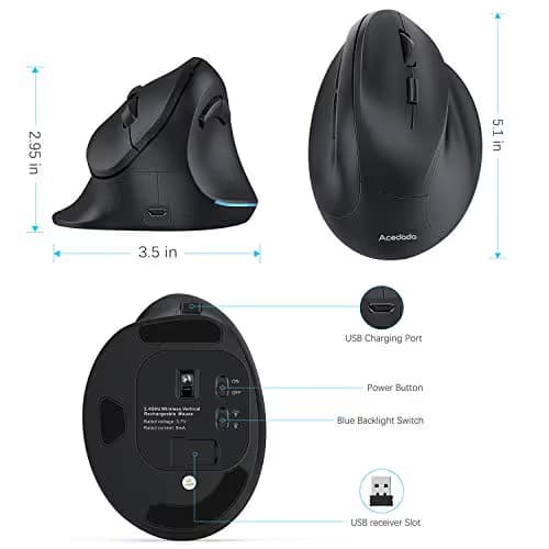 Ergonomic Mouse, Large Vertical Wireless Mouse - Acedada Rechargeable 2.4GHz Optical Ergonomic Mice : 3 Adjustable 800/1200/1600 DPI 6 Buttons, for Laptop, PC, Computer, Desktop, Notebook etc, Black image