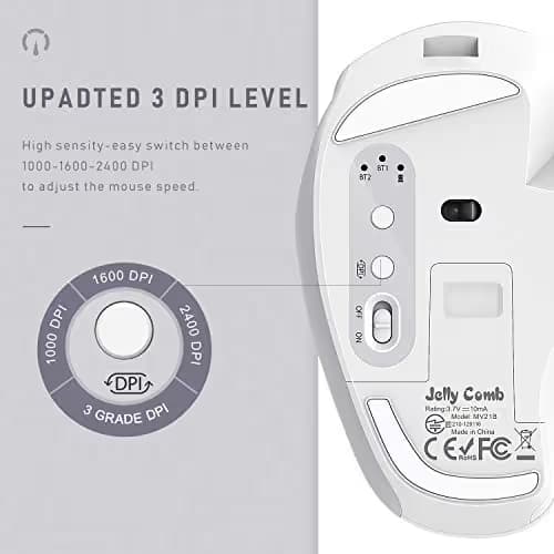 Bluetooth Mouse, Jelly Comb Rechargeable 2.4GHz Bluetooth Ergonomic Wireless Mouse (BT4.0+BT4.0+2.4G) Switch to 3 Devices for Mac OS MacBook Air Windows PC Android Tablet-(White and Silver) image
