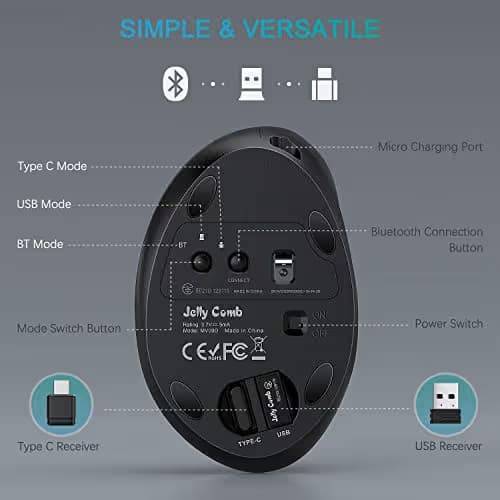 Vertical Wireless Mouse, Jelly Comb Ergonomic Mouse Reduces Wrist Strain, Easy Switch Between 3 Computers with Bluetooth, USB or Type C Connection, Rechargeable - MV09D image