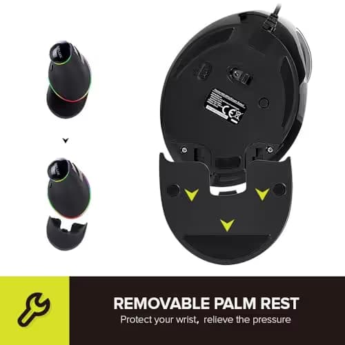 Delux Ergonomic Vertical Mouse, Wired Optical Mouse with RGB Lighting, 6 Buttons, Removable Wrist Rest, 5 Adjustable DPI (800-1200-1600-2400-4000 DPI) for Laptop PC Computer (M618Plus RGB-Black) image