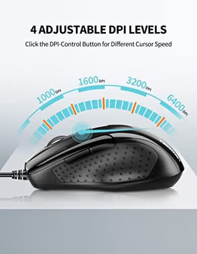 TECKNET 6-Button USB Wired Mouse with Side Buttons, Optical Computer Mouse with 1000/2000DPI, Ergonomic Design, 5ft Cord, Support Laptop Chromebook PC Desktop Mac Notebook-Black image